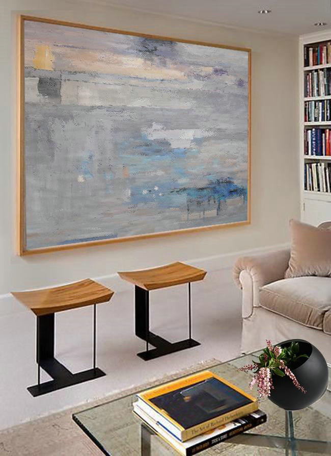 Large Abstract Art Handmade Painting,Oversized Horizontal Contemporary Art,Original Art Acrylic Painting, Grey,Blue,White.etc